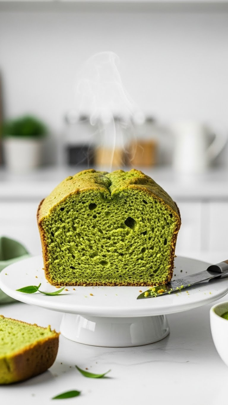 Cross-Section View Of Moist Fluffy Green Matcha Cake Slice Revealing Tender Crumb Structure On White Ceramic Stand