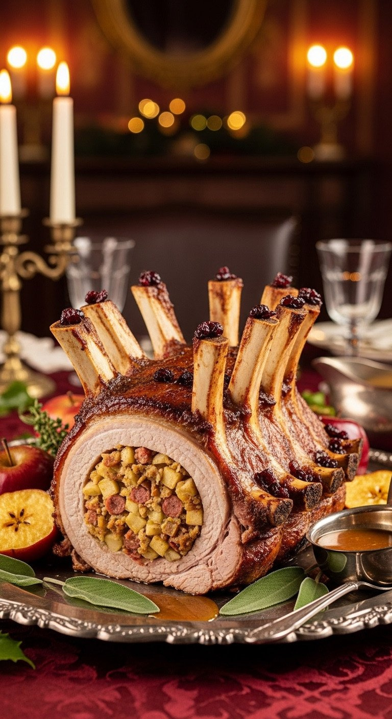 Crown Roast Of Pork With Apple Sausage Stuffing, Garnished With Frills, On Ornate Silver Platter With Roasted Apples, Sage, And Gravy; Grand Festive Feast.