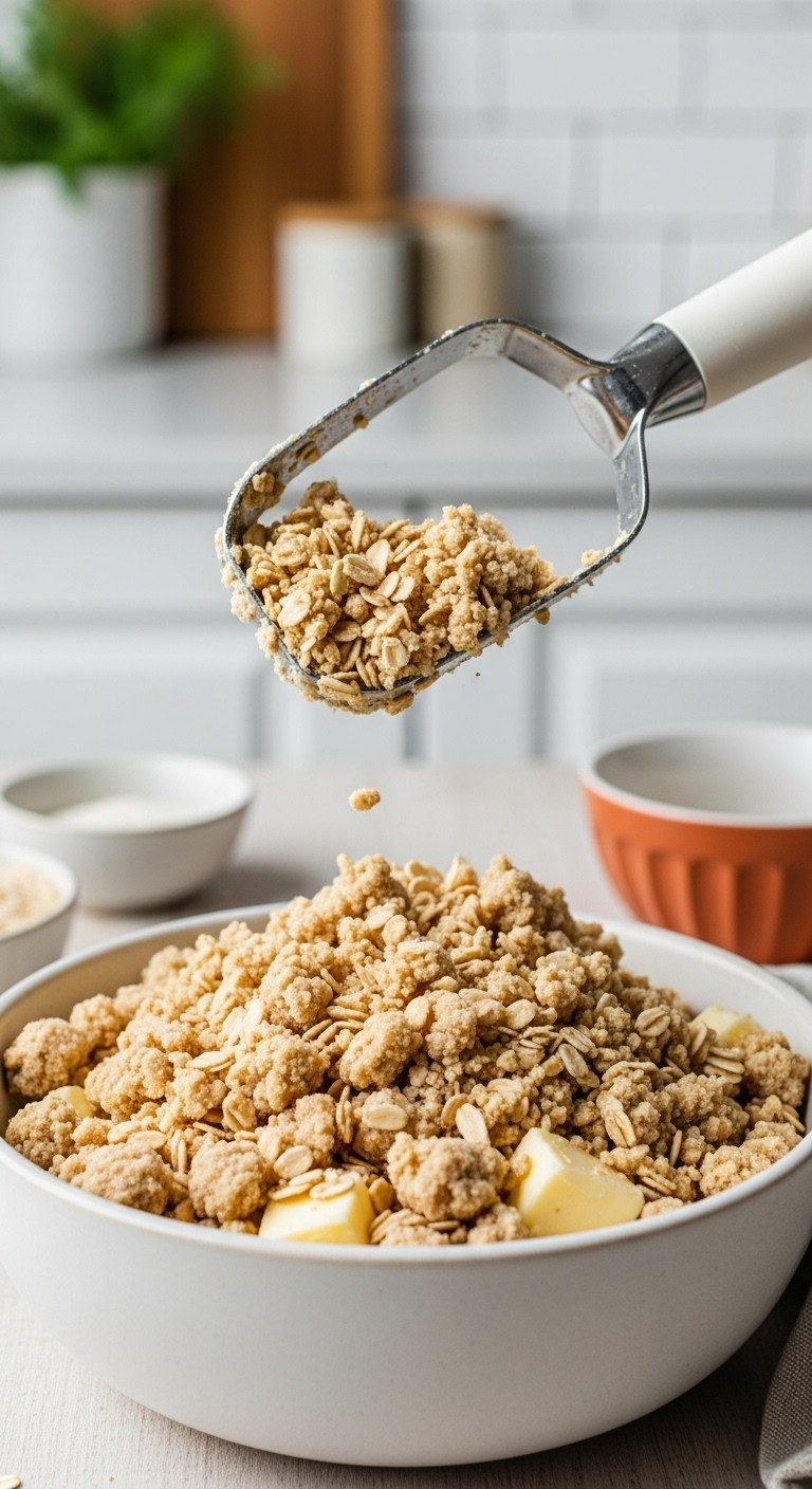 Crumbly Oat Topping For Apple Crisp: Rolled Oats, Flour, Sugar, Butter In Ceramic Bowl. Baking Preparation Details.