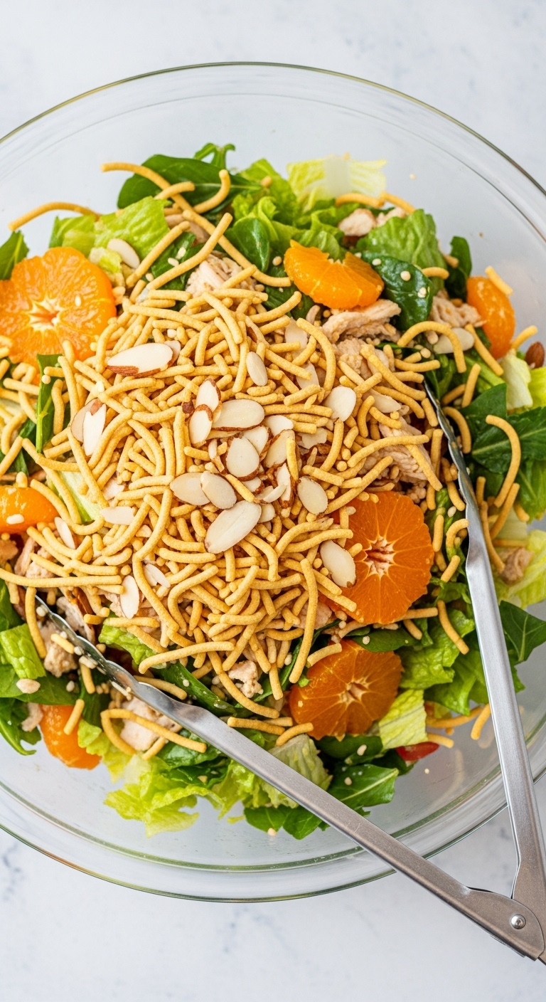 Crunchy Chinese Chicken Salad With Mandarin Oranges Almonds And Crispy Noodles In Glass Bowl