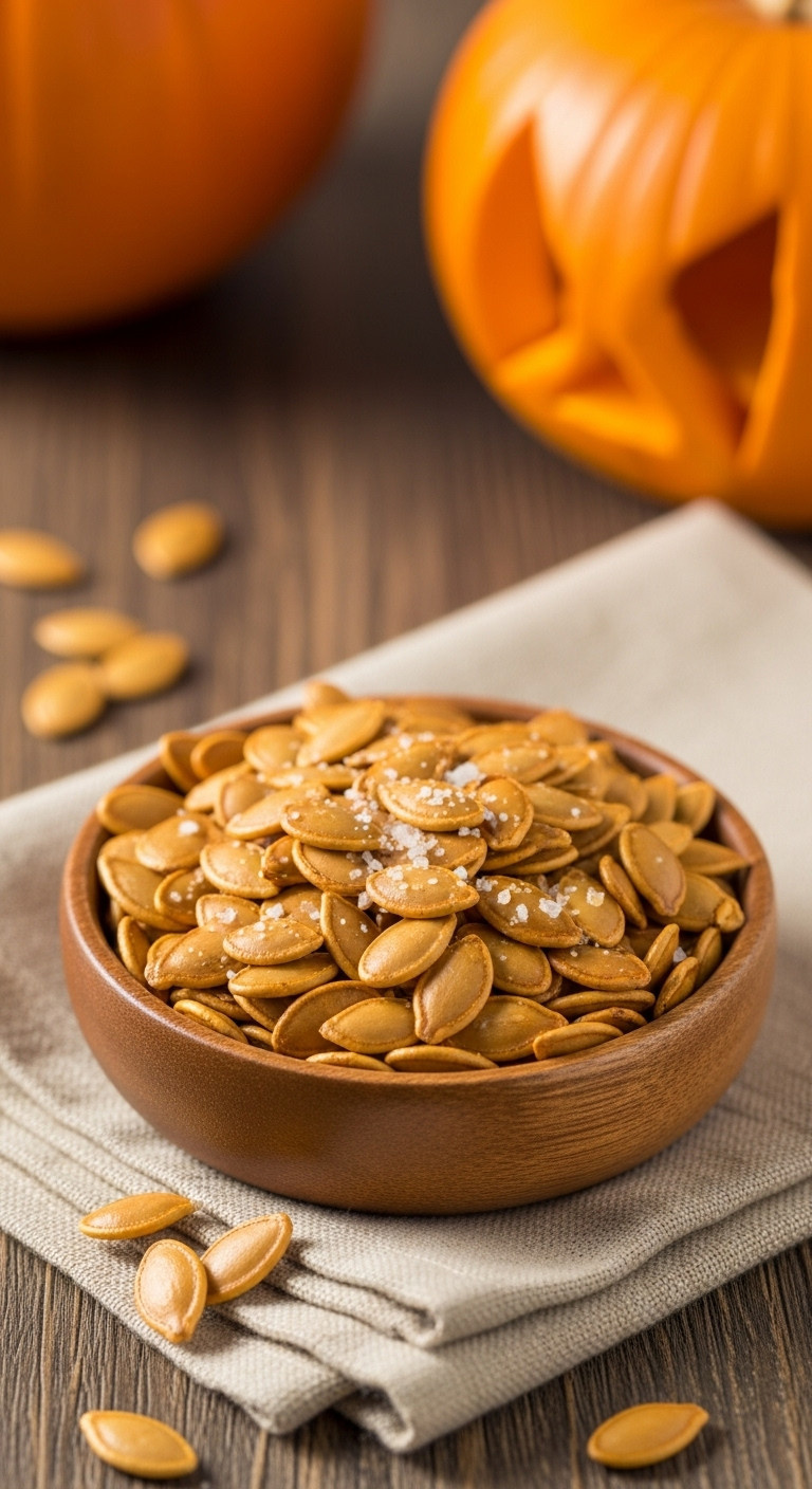 Crunchy Roasted Pumpkin Seeds In A Wooden Bowl With Salt Flakes And A Blurred Pumpkin Background