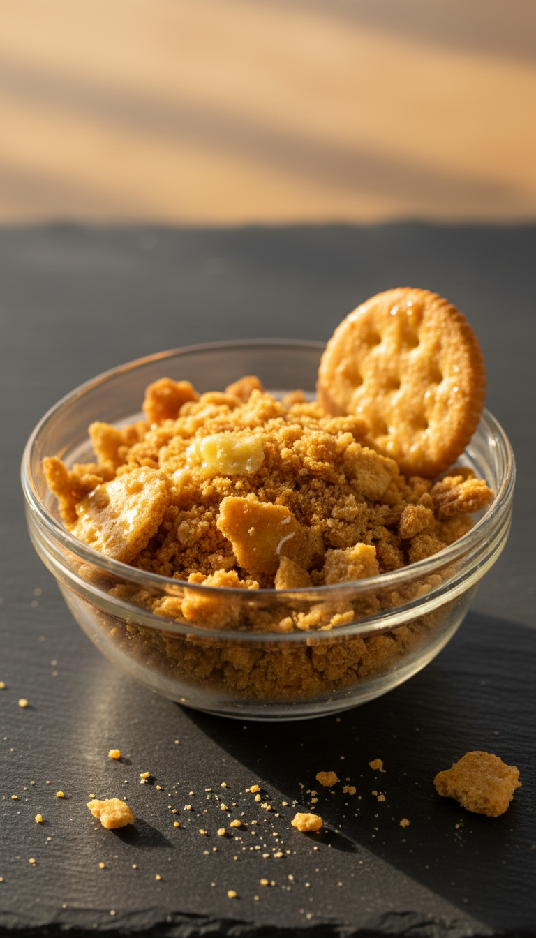 Crushed Ritz Crackers Tossed With Melted Butter In A Glass Bowl On A Dark Slate Surface.