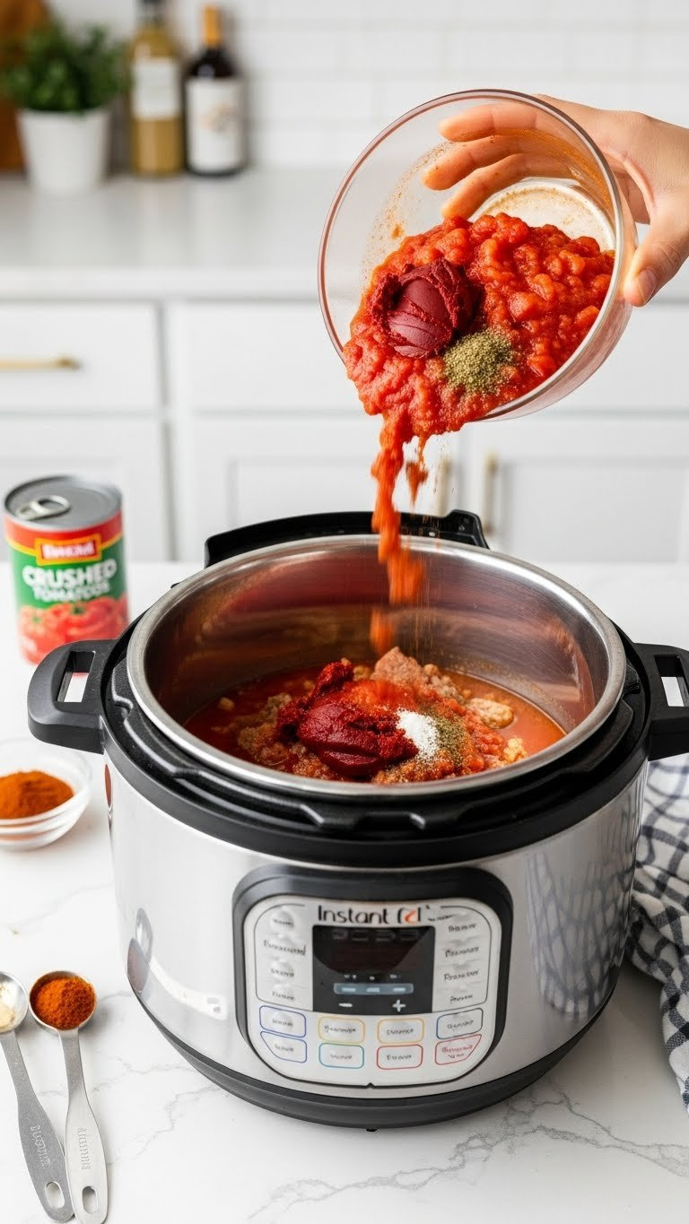 Crushed Tomatoes And Rich Seasonings Like Paprika And Italian Herbs Are Added To Browned Beef In An Instant Pot For Goulash.