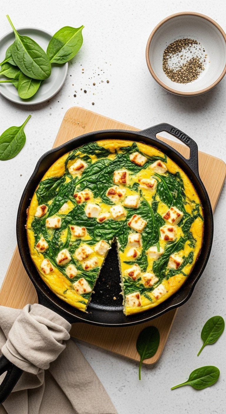 Crustless Spinach And Feta Frittata In Cast Iron, Showcasing Vibrant Spinach, Feta, And Fluffy Eggs, On Wood With Pepper.