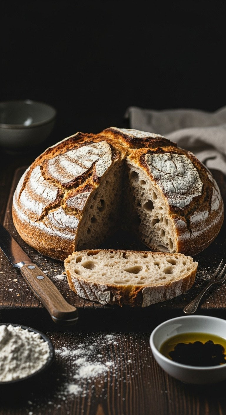Crusty No-Knead Bread, Slice Removed Showing Airy Crumb. Artisan Loaf With Olive Oil And Balsamic.