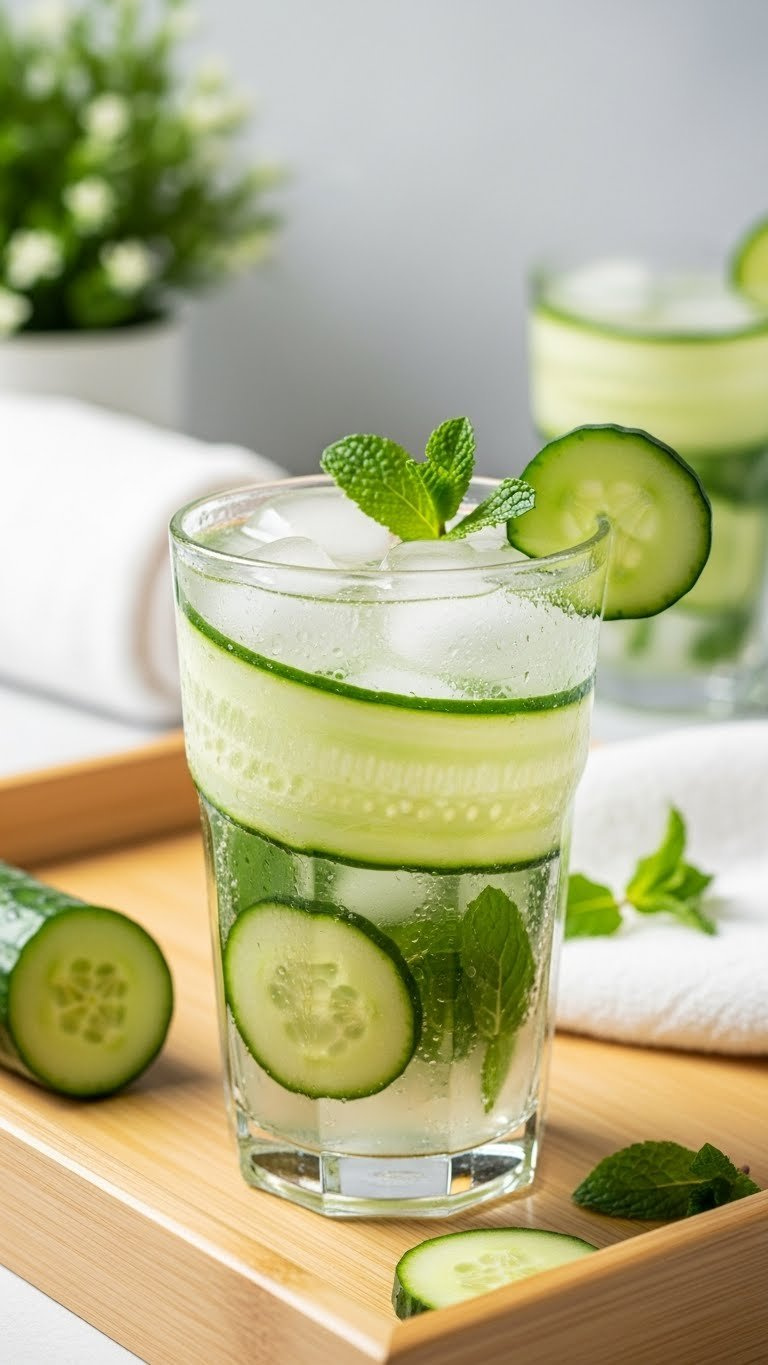 Crystal-Clear Cucumber Mint Cooler With Thin Cucumber Slices And Fresh Mint Leaves In Tall Glass
