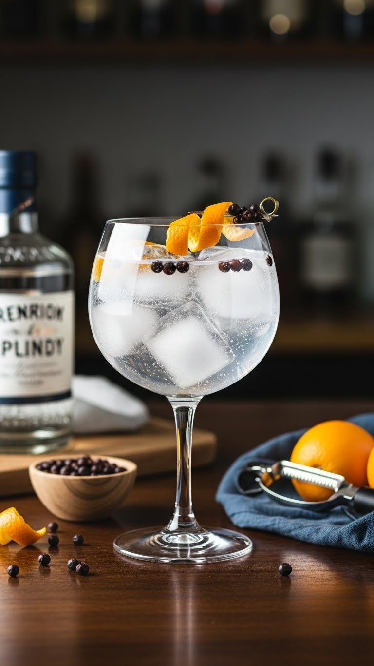 Crystal Clear Gin And Tonic With Orange Peel Spiral And Juniper Berries In Balloon Glass On Dark Wood