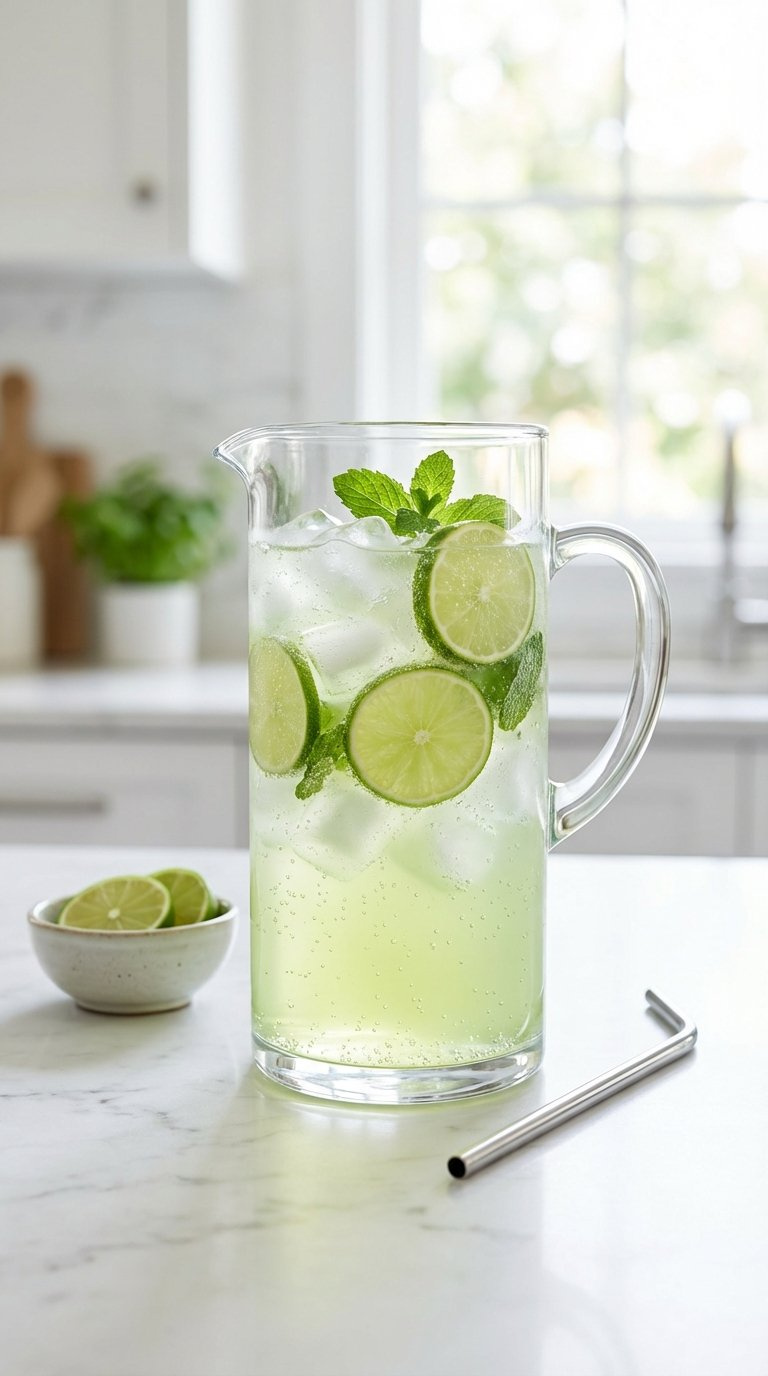 Crystal-Clear Sugar-Free Lotus Energy Sparkler With Lime Slices And Mint On White Marble Countertop