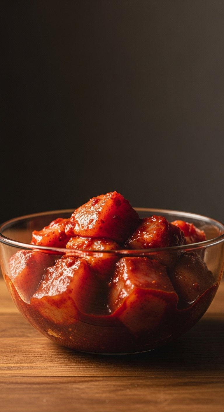 Cubed Chicken Breast Pieces Marinating In A Thick Red Gochujang Sauce Inside A Glass Bowl On Rustic Wood.