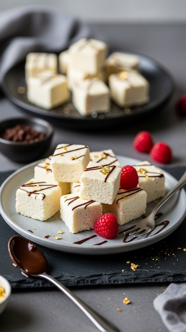 Cubed Cottage Cheese Protein Fudge Pieces On Chilled Slate Board With Chocolate Drizzle And Raspberries