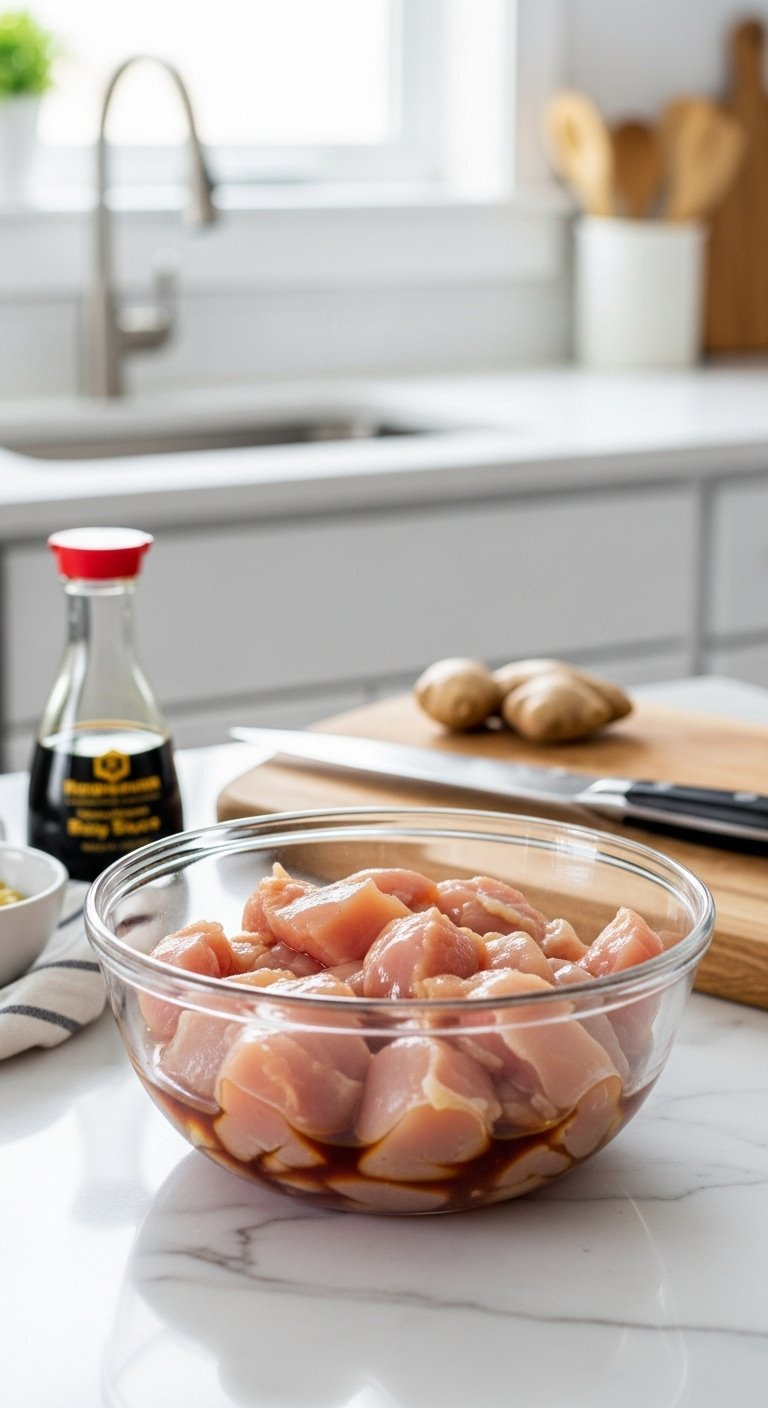 Cubed Raw Chicken Thighs Glistening In A Light Soy Sauce Marinade Inside A Glass Bowl On A White Marble Countertop.