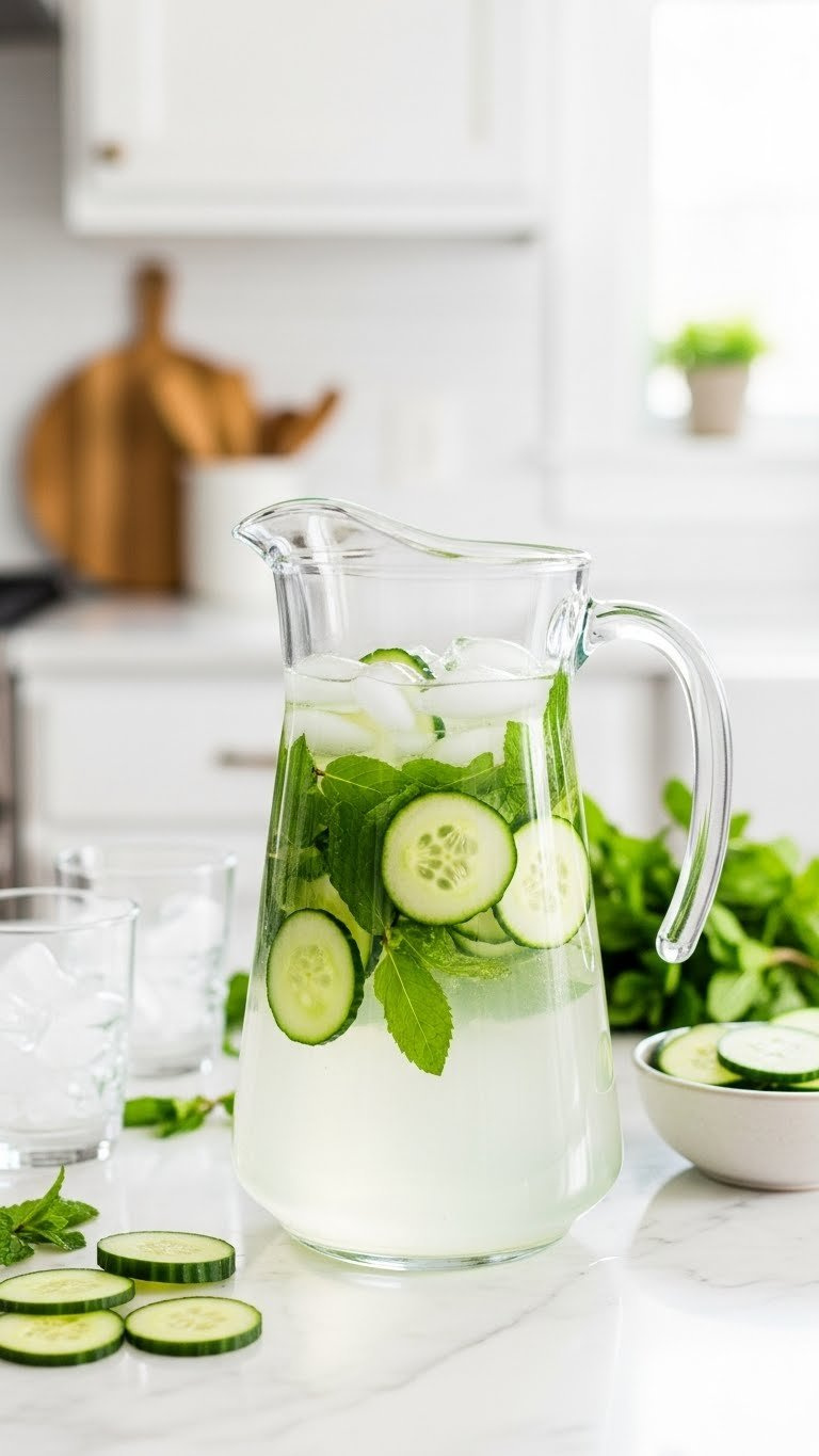 Cucumber Mint Detox Water In Clear Pitcher With Thin Cucumber Slices And Fresh Mint Leaves On White Marble Countertop
