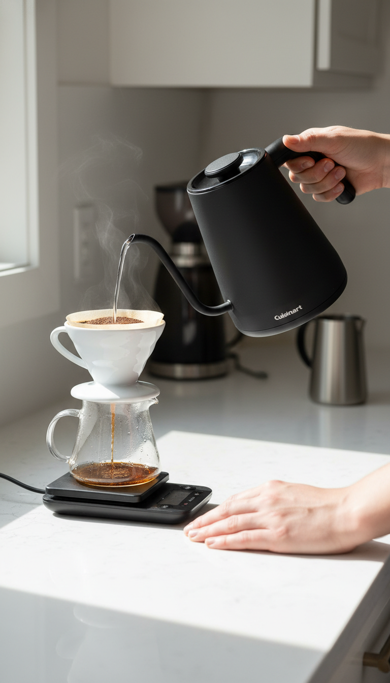A Photo Showing The Cuisinart Gk-1 On A Kitchen Counter Next To A Bag Of Coffee, A Hario V60 Dripper, And A Digital Thermometer.