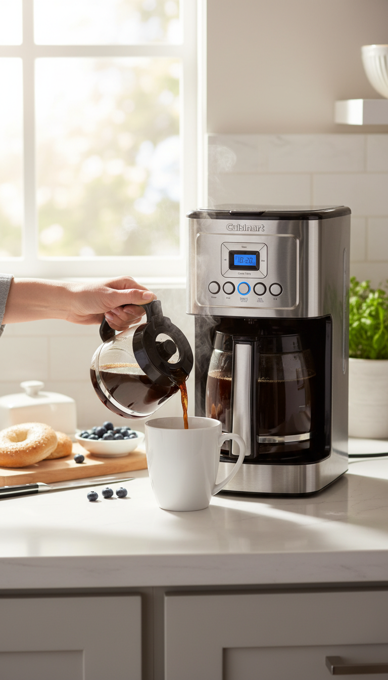 A Cuisinart Perfectemp 14-Cup Coffee Maker On A Kitchen Counter, With A Cup Of Coffee Next To It.