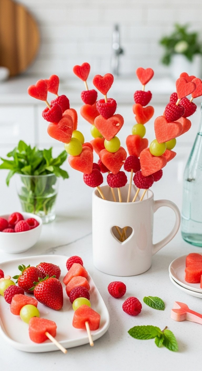 Cupid's Arrow Fruit Skewers With Red &Amp; Pink Fruit, Watermelon Hearts, On A White Platter, A Healthy Valentine Snack.