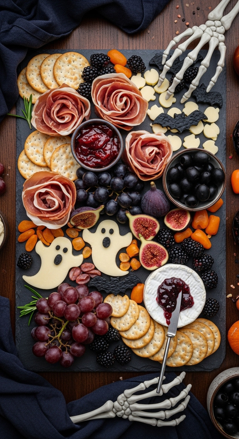 Curated Spooky Charcuterie Board With Ghost Cheese, Dark Fruits, And Bloody Brie For Aesthetic Halloween Party