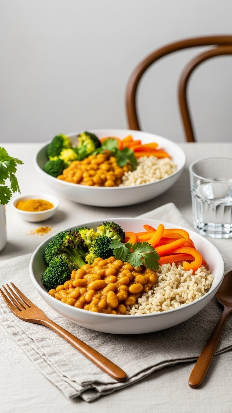 Curried Baked Bean Veggie Bowl With Fluffy Brown Rice, Roasted Broccoli, And Colorful Bell Pepper Strips