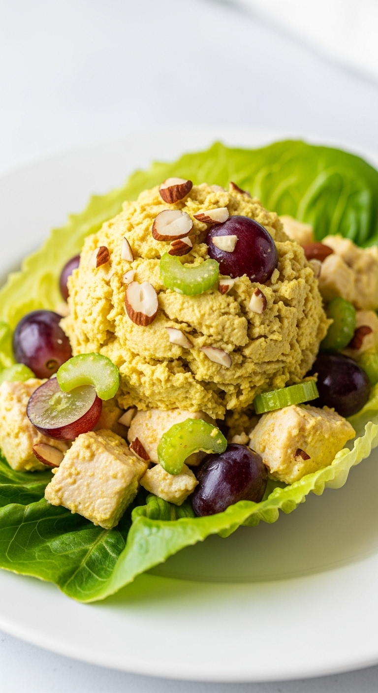 Curried Chicken Salad With Almonds Grapes And Lettuce On White Plate