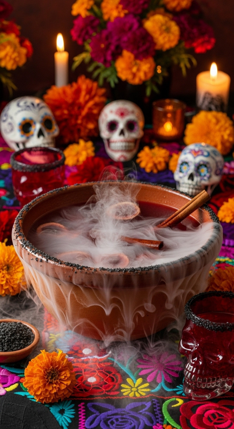 Cursed Cranberry Tequila Punch With Black Salt Rim And Dry Ice Fog In A Terracotta Bowl With Marigolds