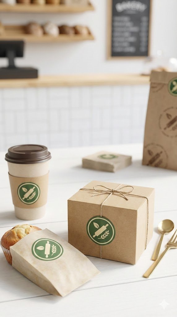 Custom Baking Stickers With Business Branding On Personalized Cookie Boxes And Coffee Cup Display.