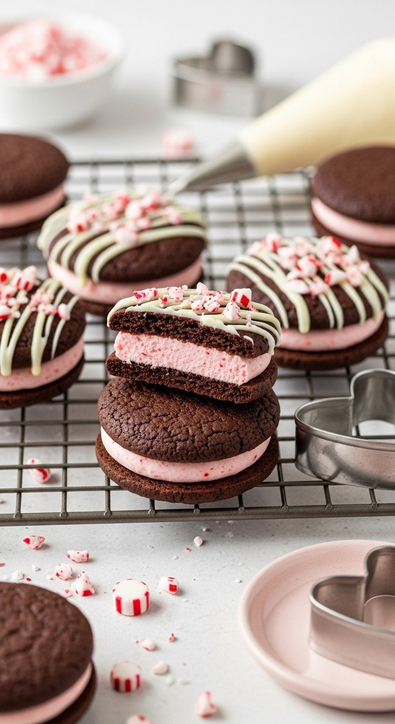 Customizable Chocolate Peppermint Sandwich Cookies, Pink Filling, White Drizzle, Crushed Candy. Bright, Festive Dessert.