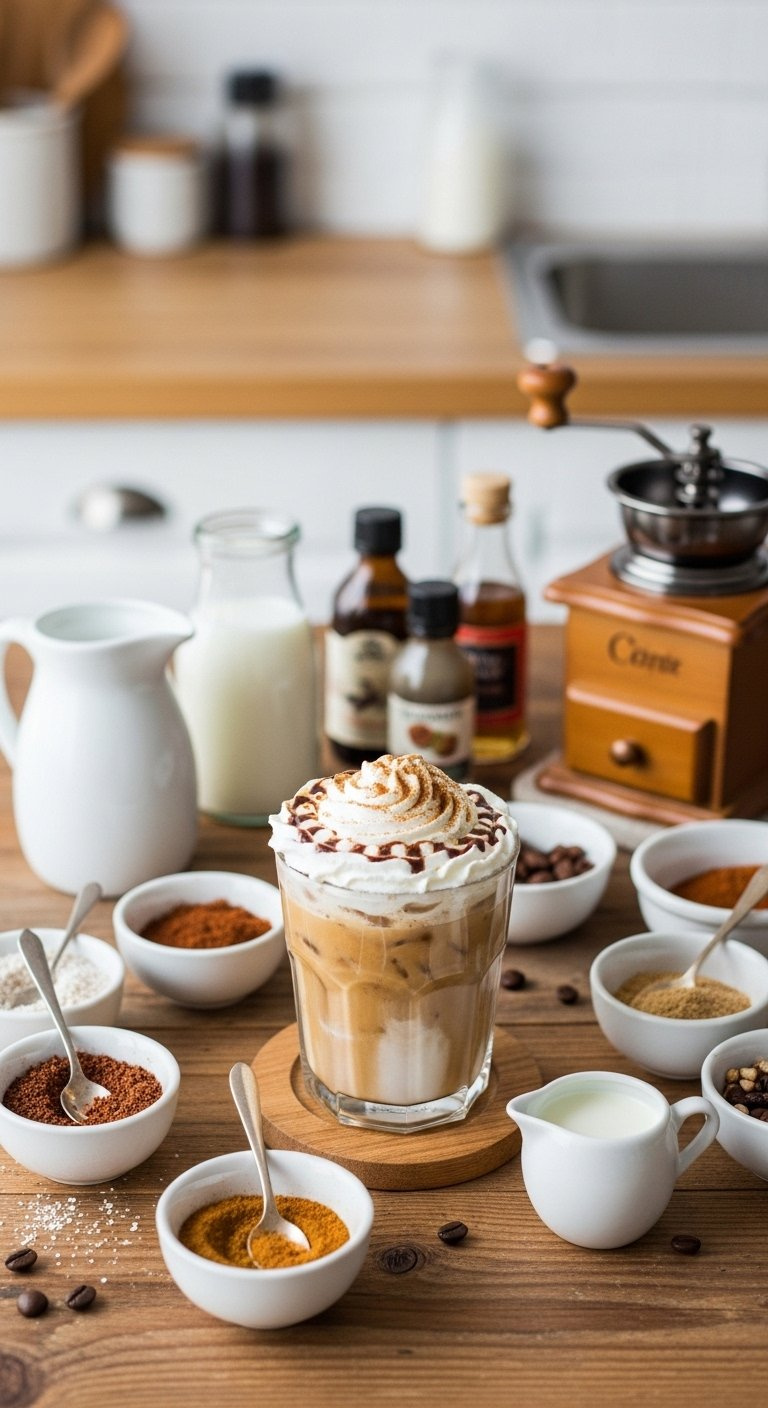 Customized Iced Coffee With Whipped Cream And Cinnamon Surrounded By Syrups And Milk Options.