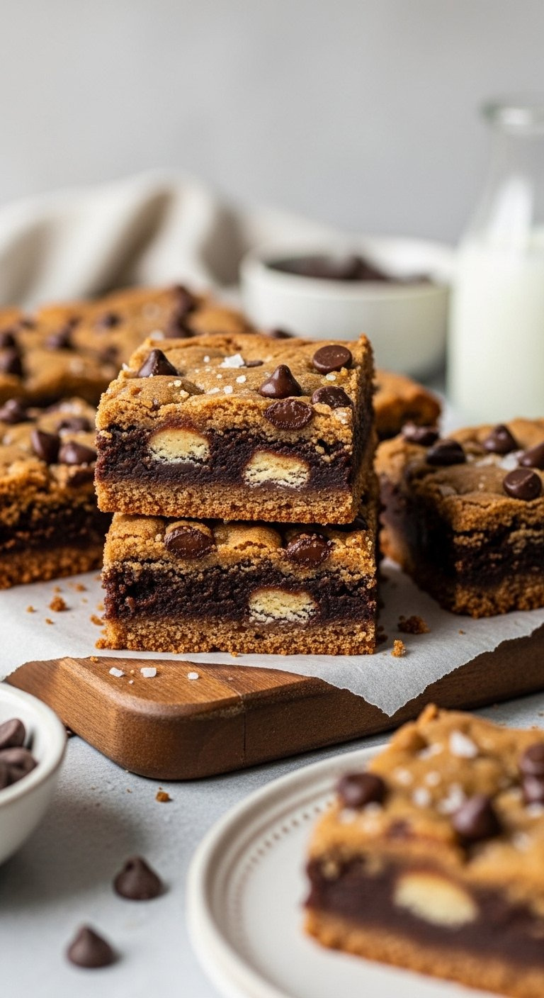 Cut Brown Butter Brookie Bars With Visible Layers And Sea Salt On A Wooden Board.