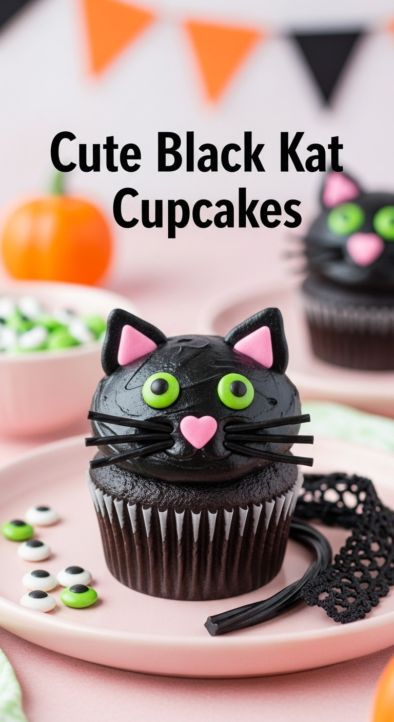 Cute Black Cat Cupcakes With Green Candy Eyes And Licorice Whiskers On A Light Pink Plate