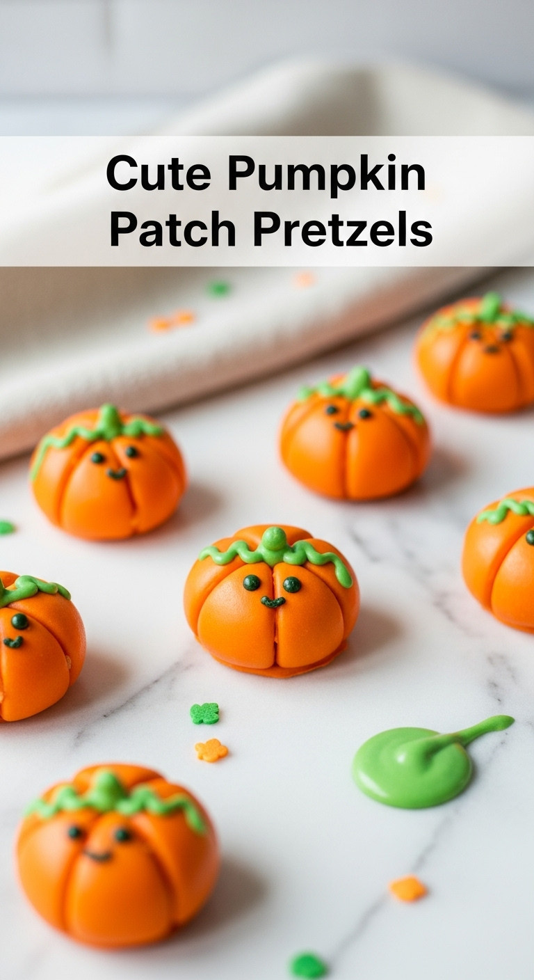 Cute Halloween Pumpkin Patch Pretzels: Orange Candy-Coated Mini Twists With Green Stems On A Marble Counter, Autumn Sprinkles Nearby.