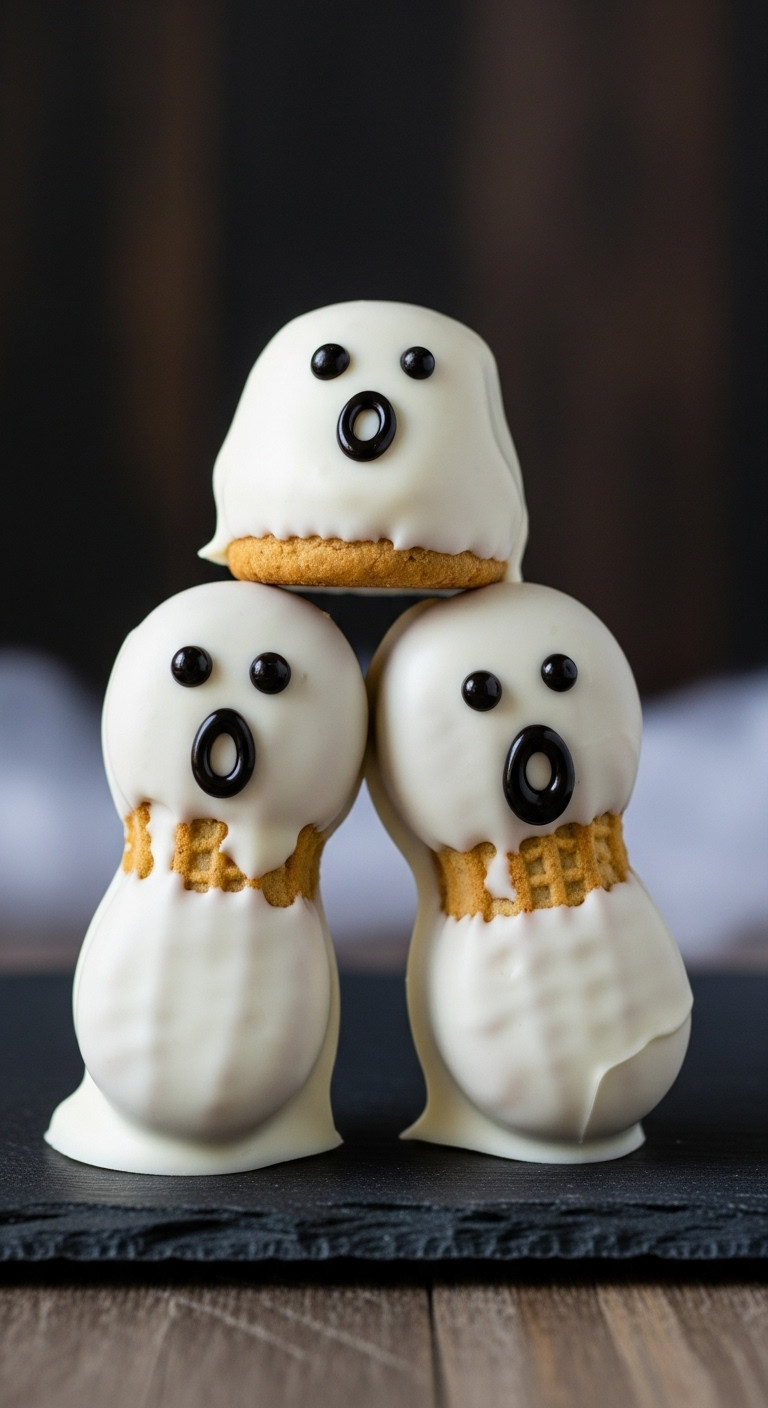 Cute Nutter Butter Ghosts, Dipped In White Chocolate With Black Eyes And Mouth, Standing Upright On Black Slate For Halloween.