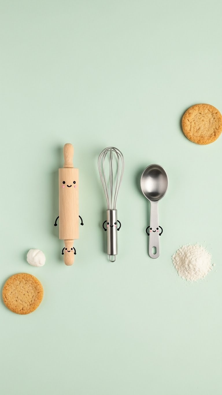 Cute Anthropomorphic Baking Tools With Facial Features Including Rolling Pin, Whisk And Measuring Spoon On Pastel Background