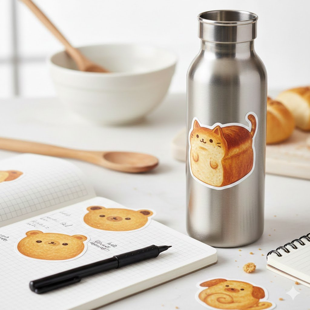 Cute Cat Loaf Sticker On Stainless Steel Water Bottle With Animal Bread Stickers On Bullet Journal Baking Notes.