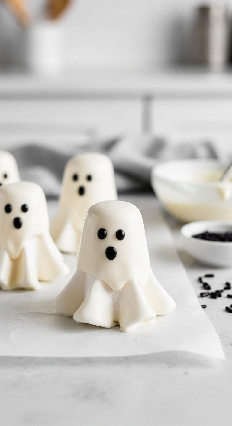 Cute Marshmallow Ghosts With White Chocolate Drape, Black Nonpareil Eyes, On Wax Paper With Sprinkles, Melted Chocolate.