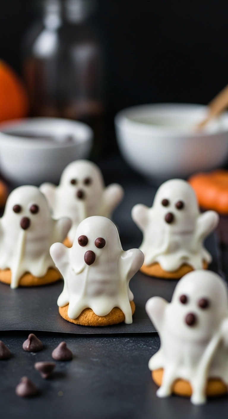 Cute No Bake Nutter Butter Ghosts With Chocolate Chip Eyes On Dark Surface For Halloween Treats
