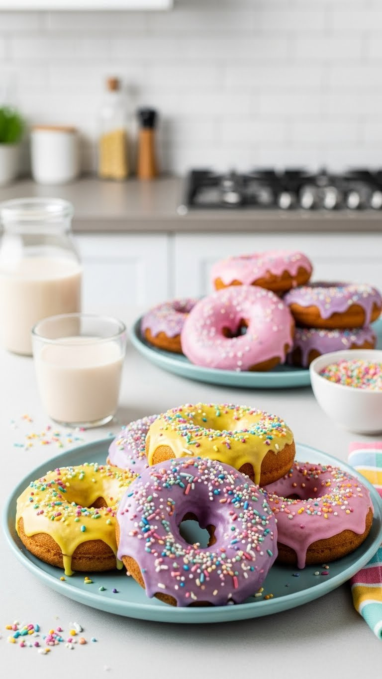 Cute Vegan Doughnuts With Colorful Pastel Icings And Vibrant Sprinkles Displayed On Light Blue Ceramic Plate