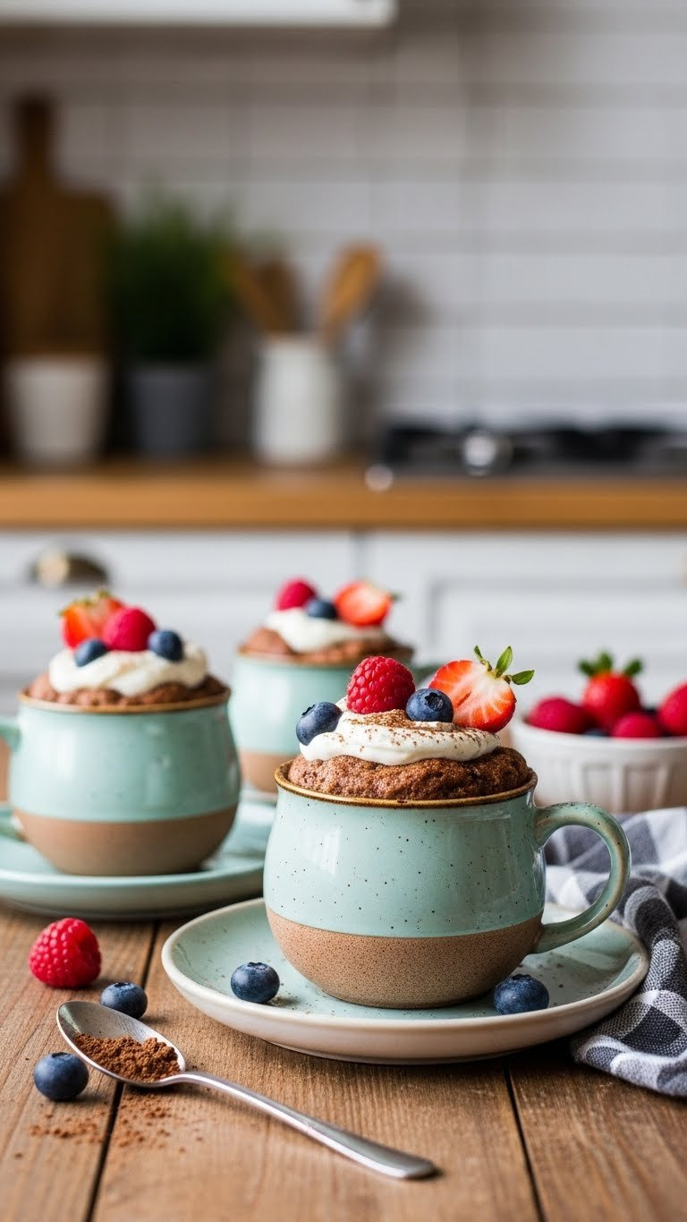 Cute Vegan Mug Cakes In Colorful Ceramic Mugs Topped With Whipped Cream And Fresh Berries