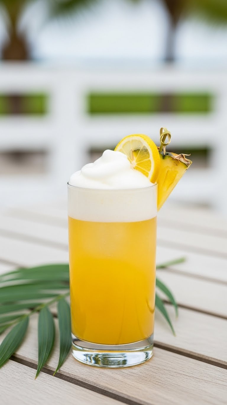 D9Thc Infused Pineapple Cloud Mocktail With Golden Yellow Base And White Foam Topped With Pineapple Wedge Garnish.
