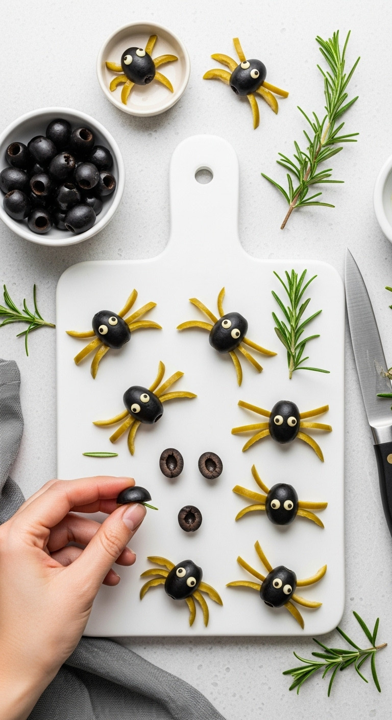Diy Halloween Olive Spiders Being Assembled On A White Cutting Board, Showing Whole, Halved, And Strip Olives. Spooky Food Craft.