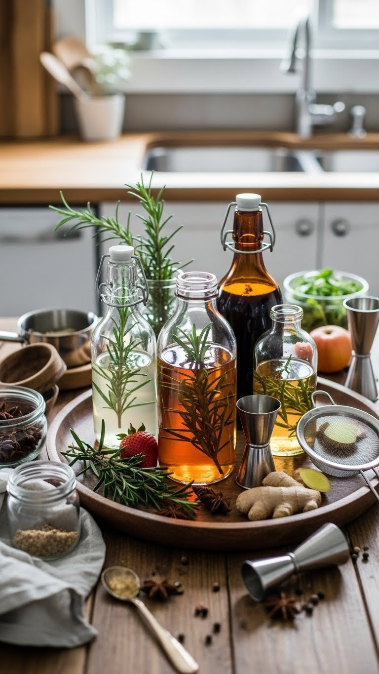 Diy Infused Simple Syrup Collection With Various Fruit And Herb Bottles Arranged On Wooden Tray
