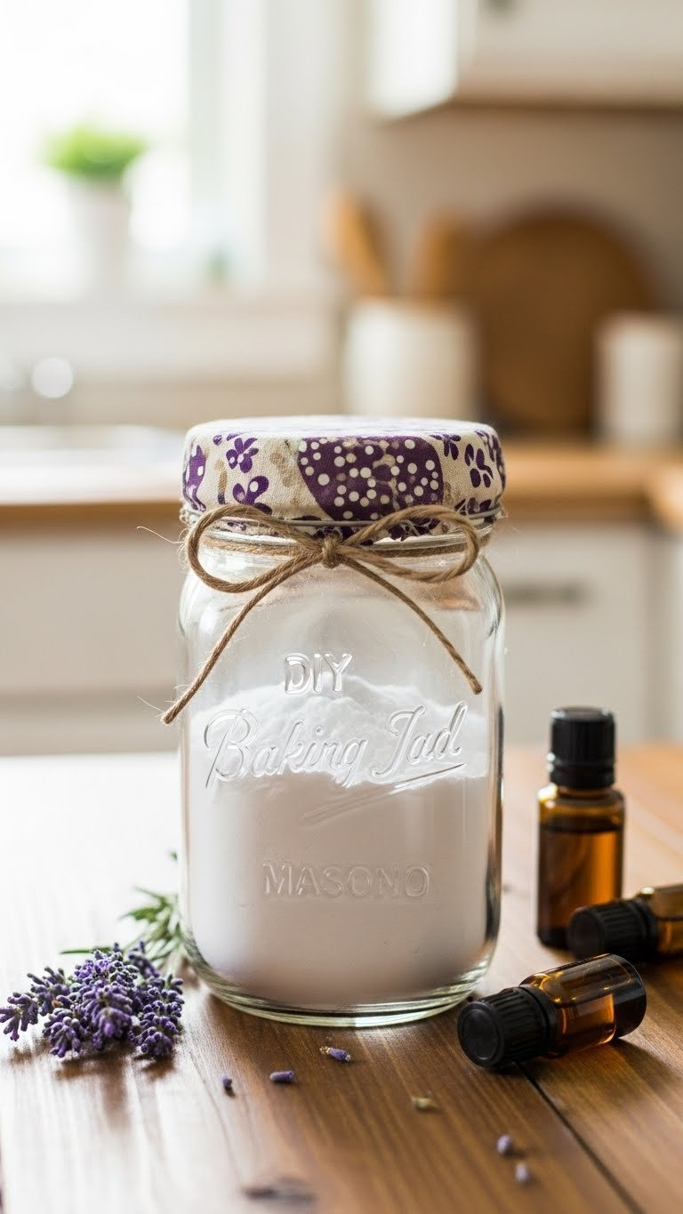 Diy Mason Jar Air Freshener Filled With Baking Soda And Lavender Essential Oil On Rustic Wooden Table