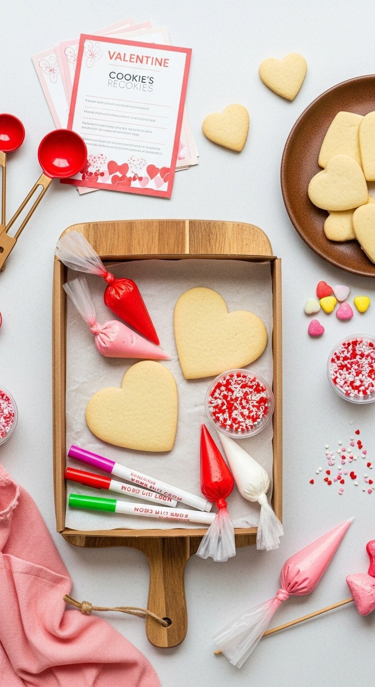 Diy Valentine's Cookie Kit With Heart Sugar Cookies, Pink, Red, White Icing, Sprinkles, And Markers In A Kraft Box On Wood.
