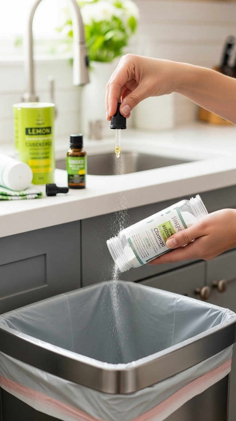 Diy Baking Soda Air Freshener Being Sprinkled Into Clean Stainless Steel Kitchen Trash Can