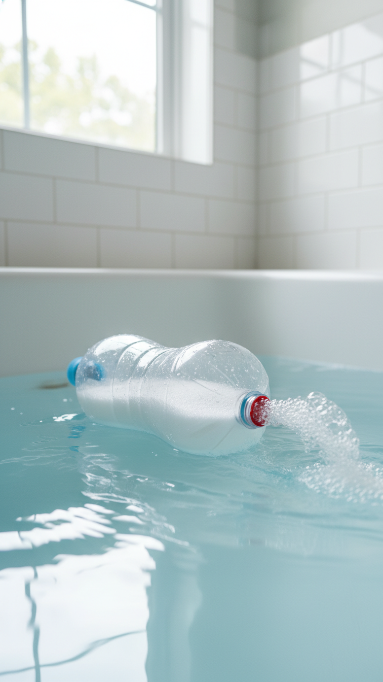 Diy Baking Soda-Powered Boat Floating In Water With Fizz Bubbles Streaming From Rear Hole Propelling Forward.