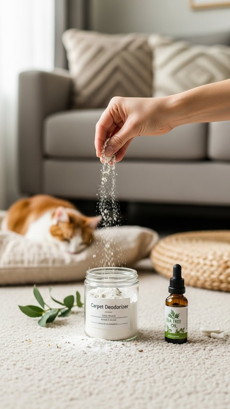 Diy Carpet Deodorizer With Essential Oils Being Sprinkled Onto Plush Carpet With Pet In Background