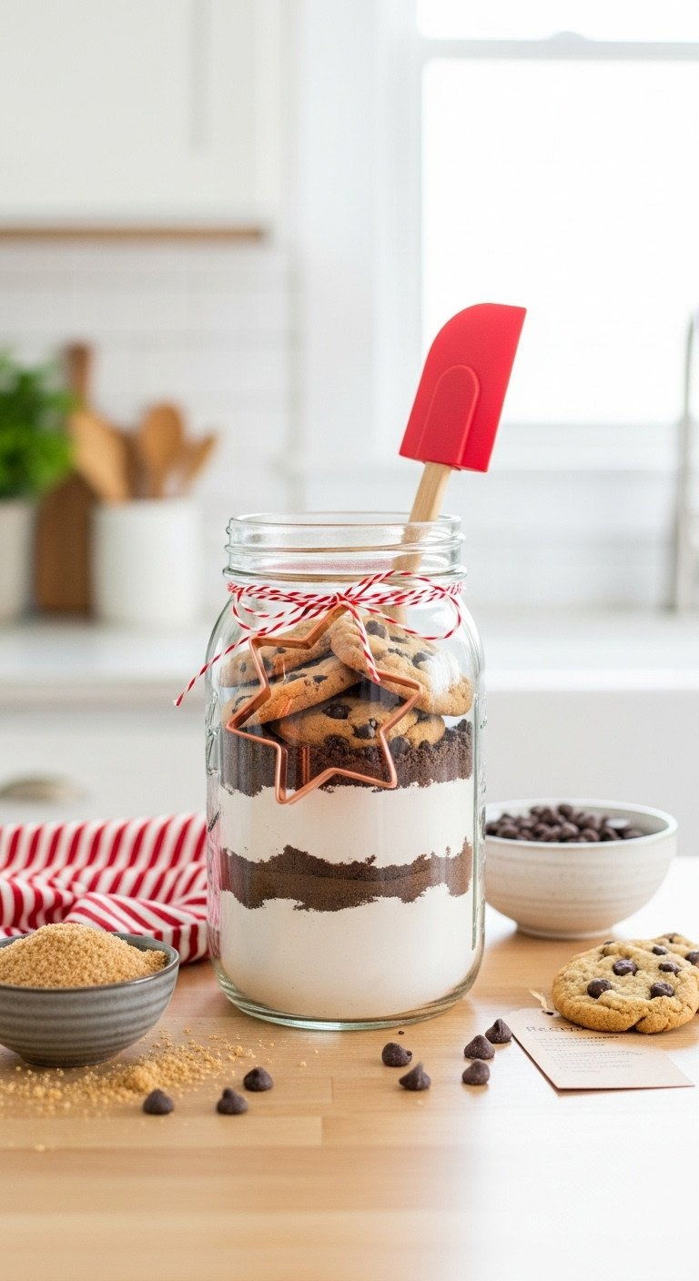 Diy Chocolate Chip Cookie Mix In A Mason Jar Gift Kit With A Red Spatula And Copper Cookie Cutter On A Light Wood Counter.