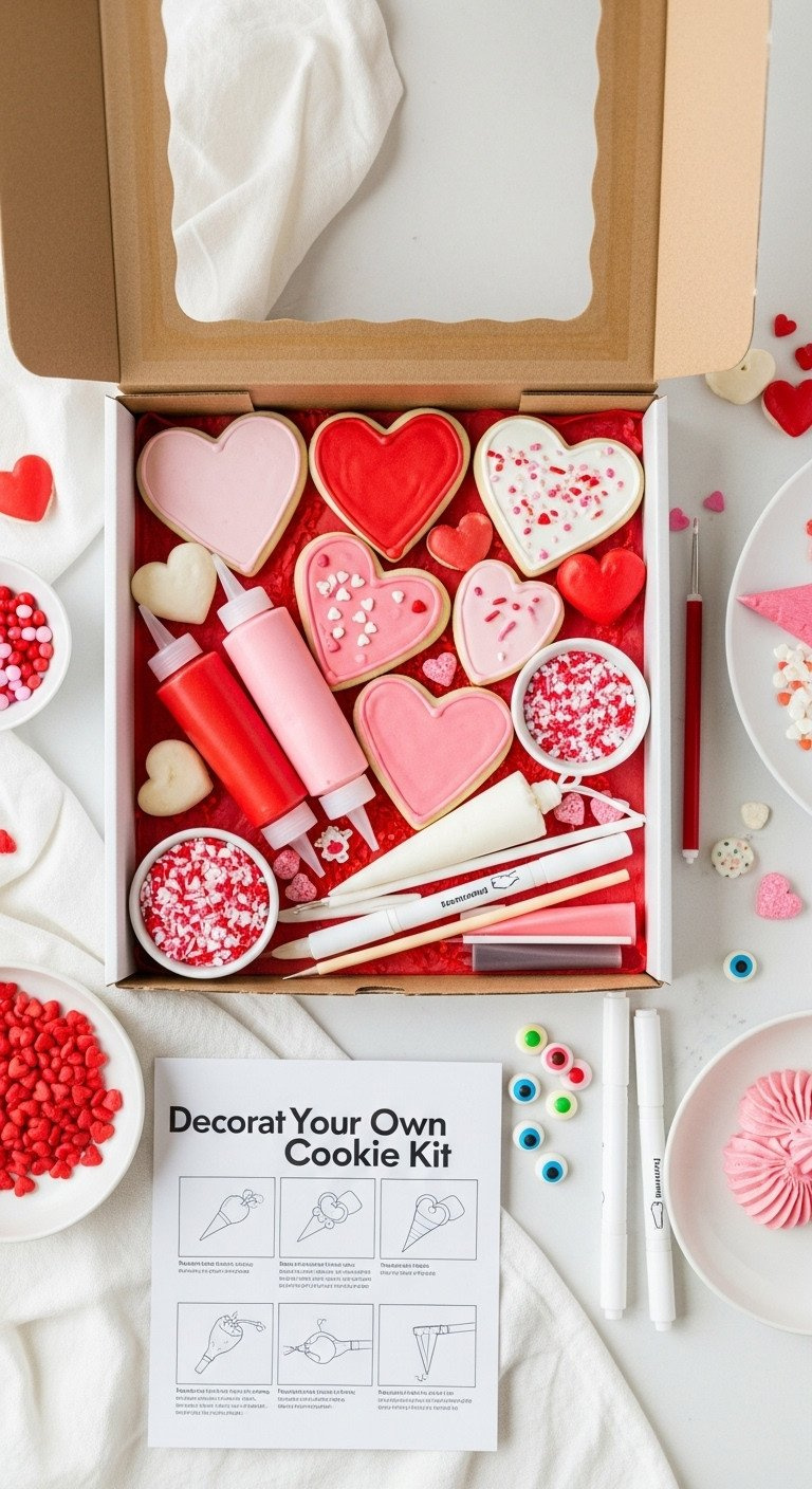 Diy Cookie Decorating Kit: Heart Sugar Cookies, Vibrant Royal Icing, Festive Sprinkles, Tools, And Candy Eyes.