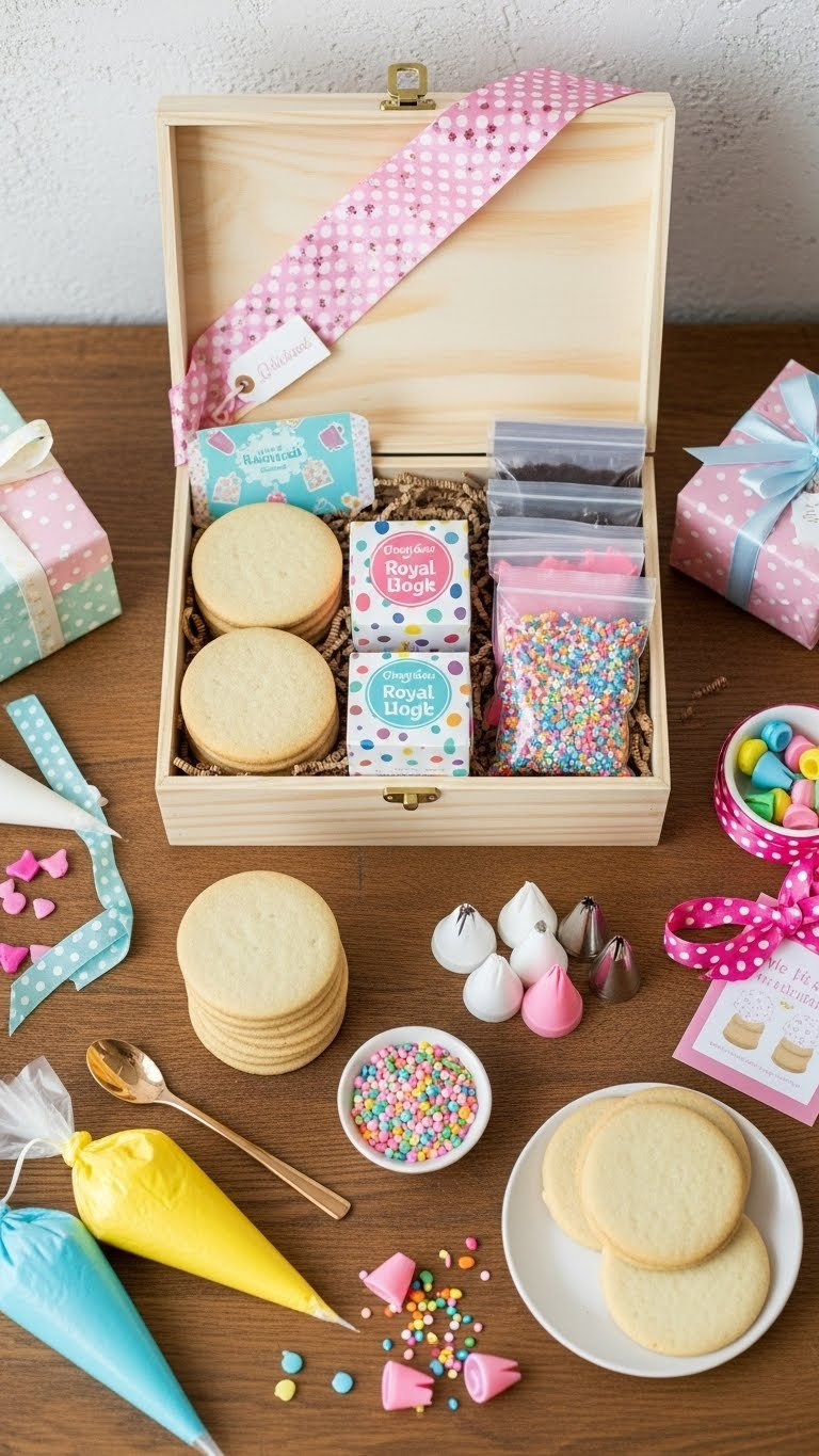 Diy Cookie Decorating Kit With Sugar Cookies, Royal Icing, And Sprinkles Arranged In Rustic Wooden Box Flat Lay