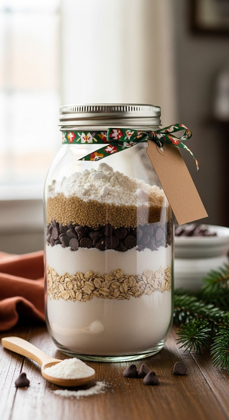 Diy Cookie Mix In A Mason Jar With Layers Of Flour, Sugar, And Chocolate Chips, Presented As A Homemade Holiday Gift.
