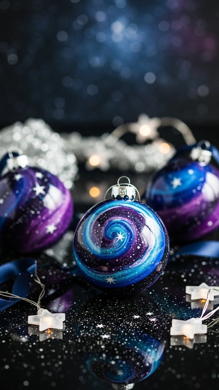 Diy Galaxy Baking Soda Paint Ornaments With Swirling Cosmic Patterns In Deep Blues And Purples Against Dark Starry Backdrop With Glitter Accents