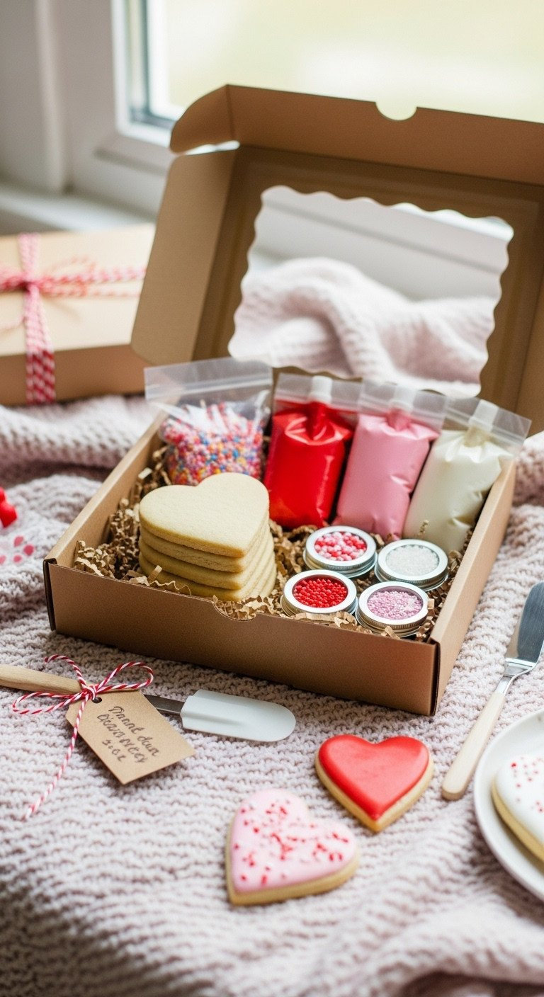 Diy Heart Cookie Decorating Kit With Sugar Cookies, Red, Pink, White Royal Icing, Sprinkles In A Gift Box.